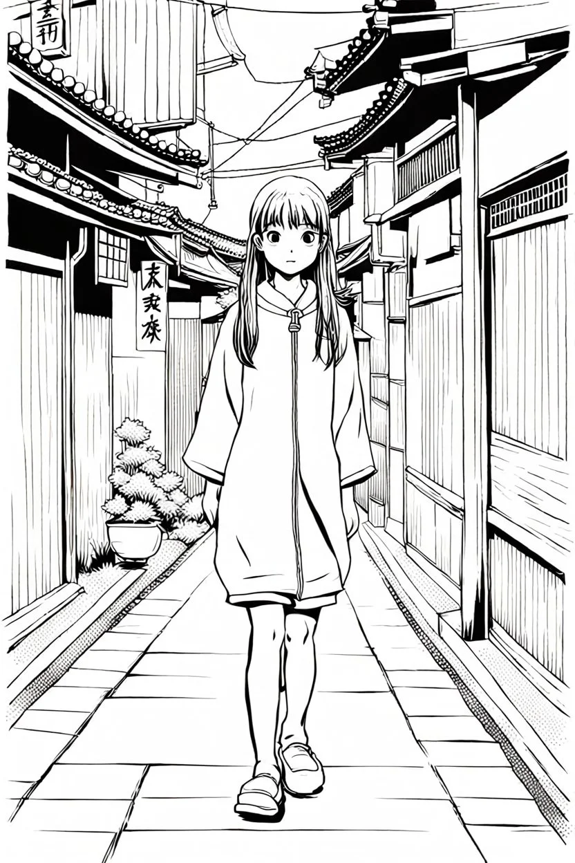 young girl walk trought Japanese alleys, line arts