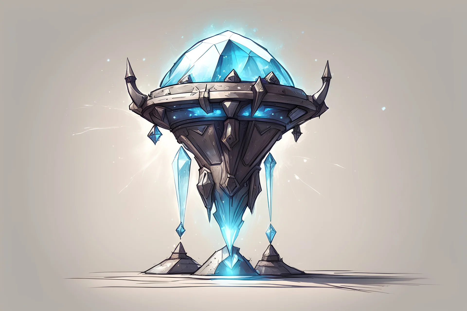 fantasy concept art, small walking magic turret sketch with big central crystal focus light-ray