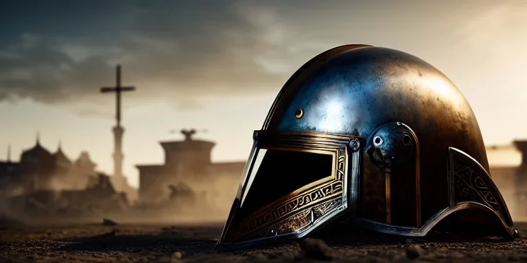 apocalypse, chaotic, magnificent, realistic, colorful, massive, epic, ray tracing, cinematic, 8k, HD, Ultra High Definition, photo film, film grain, hyper-detailed, old tarnished ornate rusty Hyper detailed Medieval Knight helmet on ground with glass visor