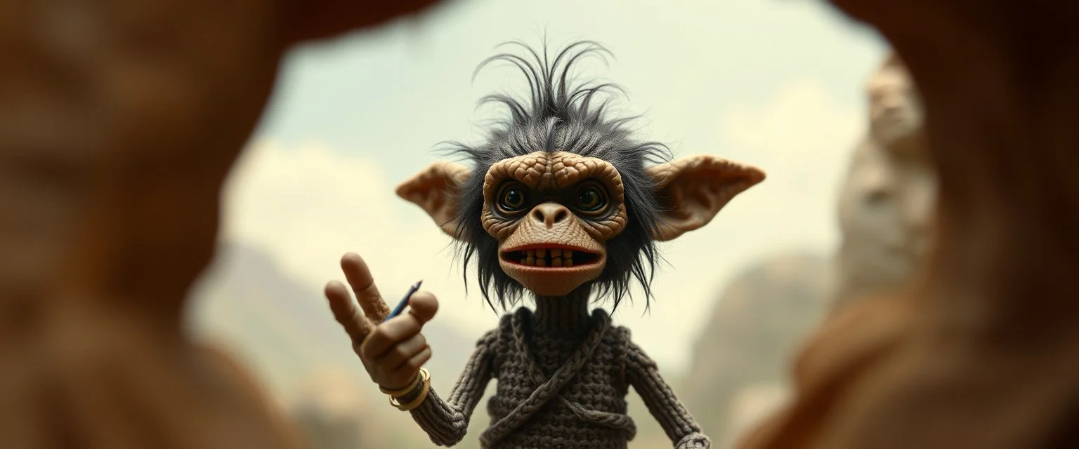 pin hole picture, miniatures on fake scene,master oil painting by Rembrandt, good afternoon disney bitch scary stone age gremlin neanderthal, close up on a stupid knitted doll trying to explain something weird, in the style of HR Giger