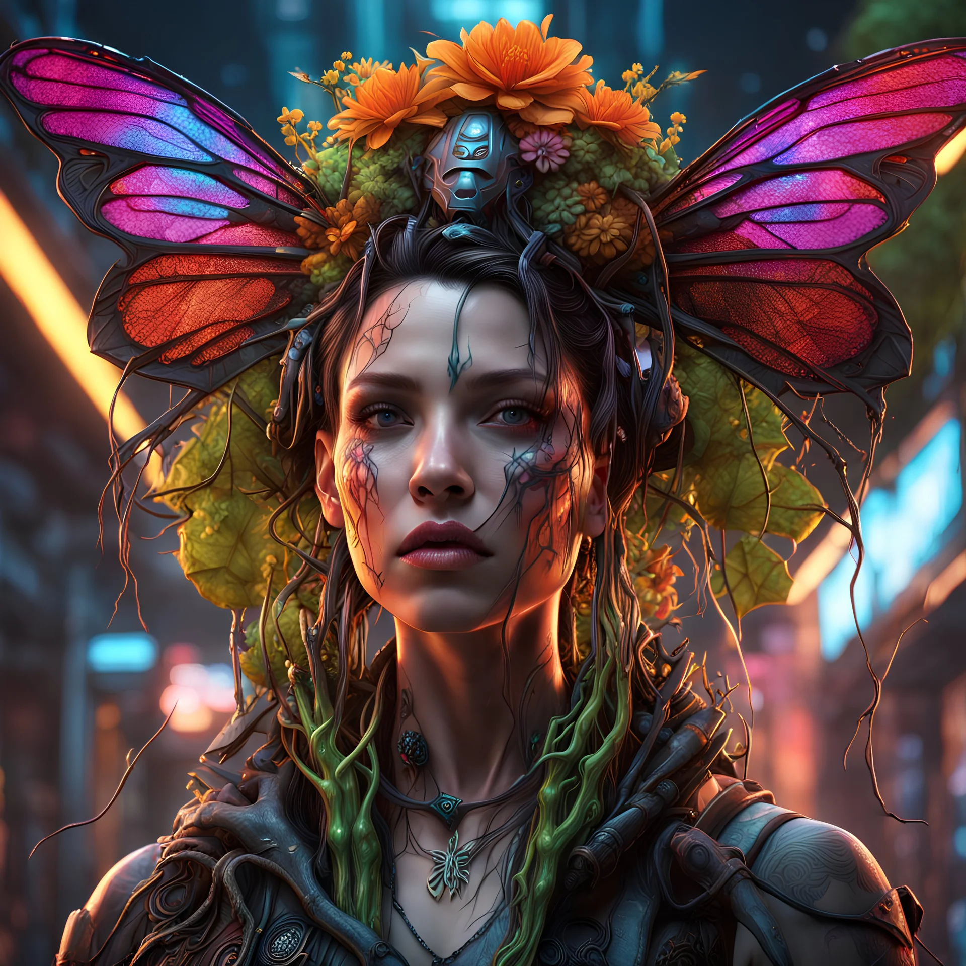 Expressively detailed and intricate 3d rendering of a hyperrealistic: woman, cyberpunk plants and flowers, neon, vines, flying insect, front view, dripping colorful paint, tribalism, gothic, shamanism, cosmic fractals, dystopian, dendritic, artstation: award-winning: professional portrait: atmospheric: commanding: fantastical: clarity: 16k: ultra quality: striking: brilliance: stunning colors: amazing depth