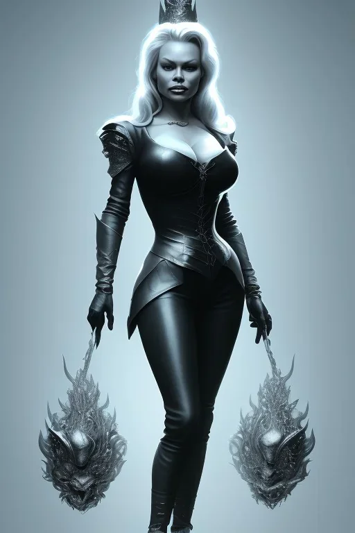 Pamela Anderson as evil queen in black leather, leather, busty, cleavage, angry, stern look. character design by cory loftis, fenghua zhong, ryohei hase, ismail inceoglu and ruan jia. unreal engine 5, artistic lighting, highly detailed, photorealistic, fantasy