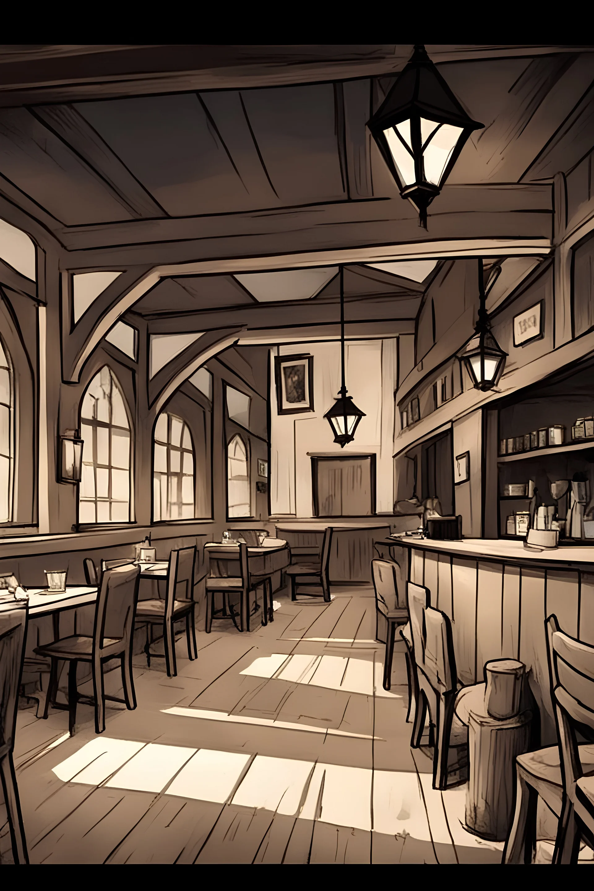 Sketch of the interior of a dnd tavern with people at round tables