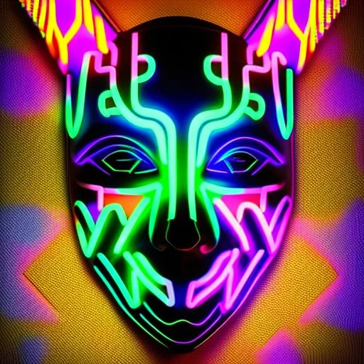 Neon Tribal Mask*: Design a futuristic, neon-lit tribal mask with glowing patterns, geometric shapes, and an otherworldly aura.