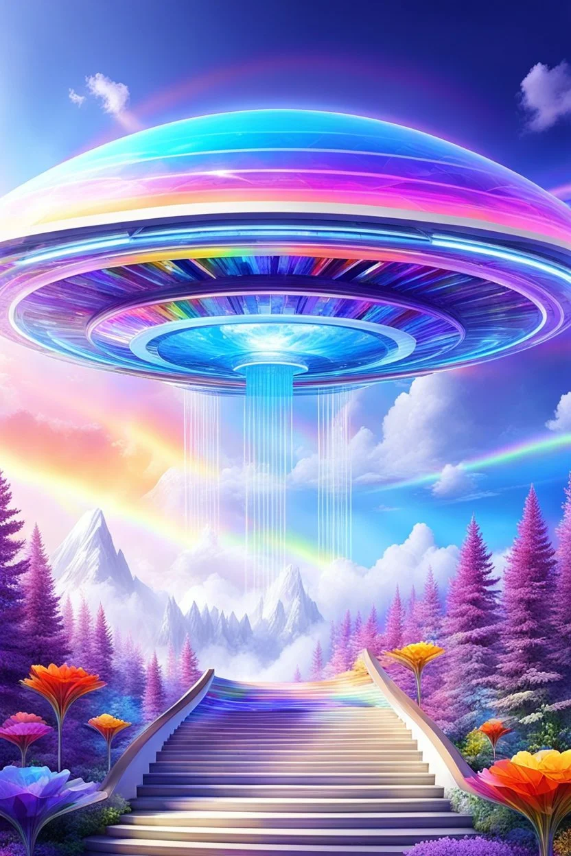 Ufo rainbow, futuriste ultra moderne,stairway to heaven,crystal very beautiful city,nature forest flowers colors