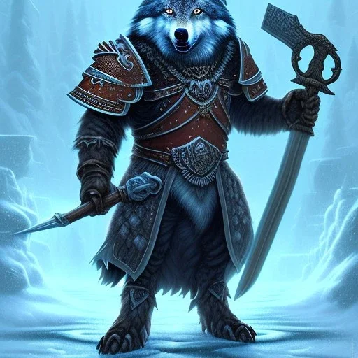 fantasy art, book cover, upper body of big shiny wizard with an axe in hand, in front of the ebony stairs of a bridge or dam ,icy water, on the bridge is a wolf, there is also a hawk sitting on his shoulder