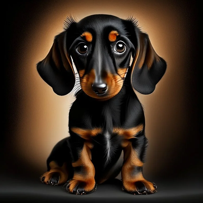 Disney style picture of a black and tan short hair dachshund puppy of 7 months. more black than tan, symmetric