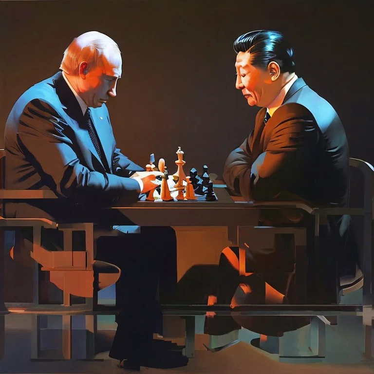 Putin, President Xi Of China And Joe Biden Play Chess between lights and shadow With A Pigeon,And Atomic Bomb Mushroom Cloud,Complex Surgical Instruments Intermixed With A Newborn Boy,Minimalism,Painting By Adrian Ghenie,Rene Magritte,Pablo Picasso,Michelangelo,Salvador Dali,Lucian Freud