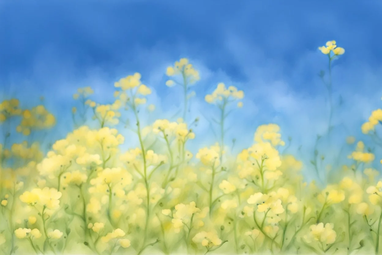 bottom half canola plants detailed, top half sky, watercolor illustration