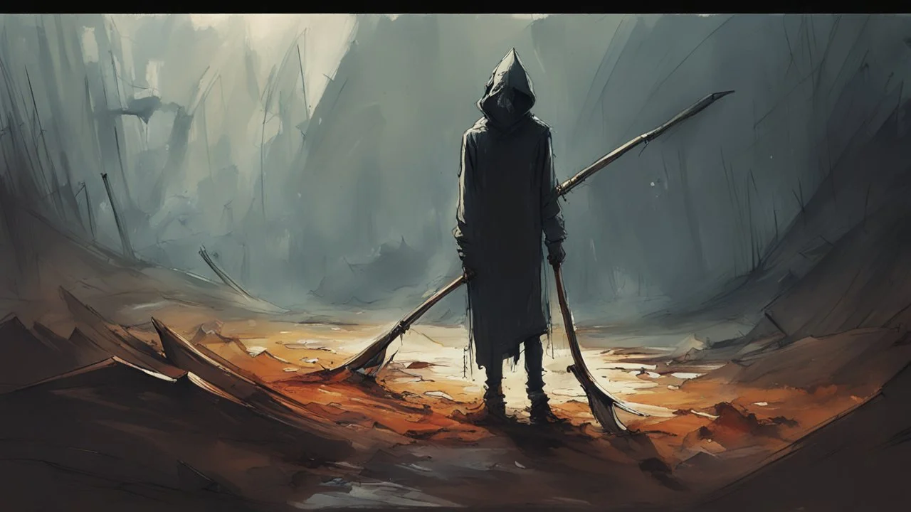 death in a hoodie and with a scythe talks to the poet on the remains of the world, a light watercolor sketch, by Leonid Afremov & Benedick Bana & Atelier Olschinsky & Ian McQue