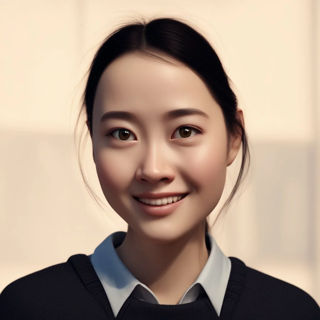 a portrait of smiling woman. chinese. cute. beautiful. medium dark brown hair. fair skin. dark brown eye pupils. small nose. heart face shape. pixar style. 3D. 4k. portrait. highly detailed. sharp focus. high resolution. full color. cinema lighting