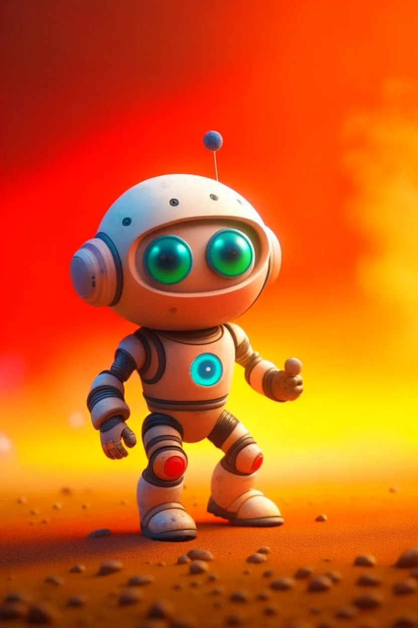 adorable cute chat robot with mouth piece and jet pack, playing volleyball on a strange planet, with short punk hair and real human eyes, its such a perfect day, motion blur, smoke, 8k, downlight, soft light, depth of field, photorealism, trending on art station, lotsa detail