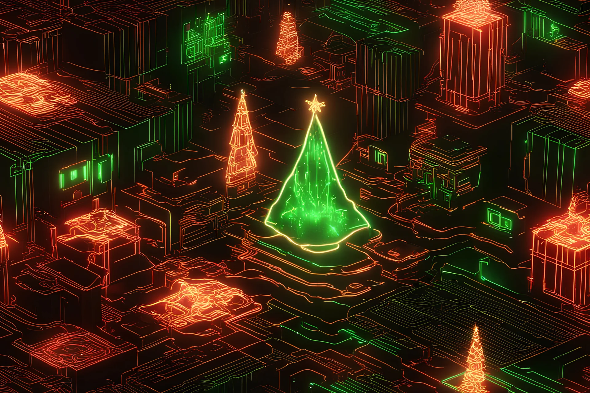 (ivory, black, gold, green, red) Cyberpunk Christmas 3D illustration of beautiful science fiction, Cyberpunk glow glowing gifts and New Year elements illustration neon artificial technology beauty cyber, smooth 3D digital art, exquisite 3D rendering, 4K, blender, c4d, octane rendering, 3D Disney style lighting, Zbrush sculpting, highly detailed realistic fabric, concept art, high detail Zbrush, Pinterest Creature Zbrush HD sculpture, neutral ligh