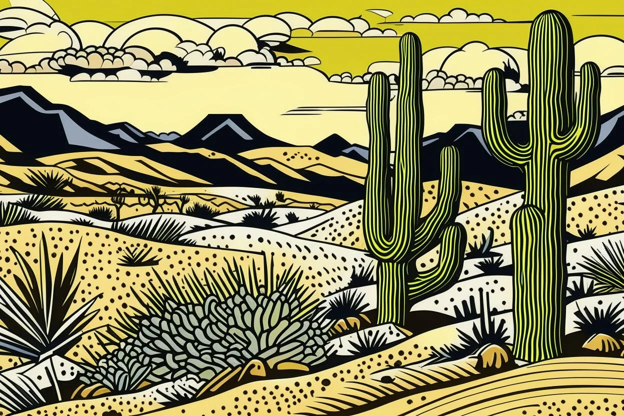 A tan sandy desert with cactuses painted by Roy Lichtenstein
