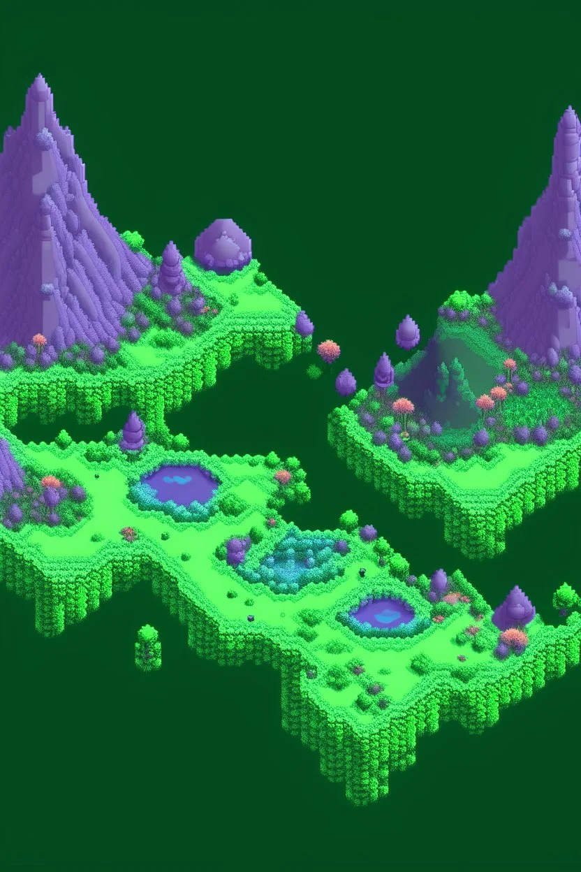 pixel art top down view planet surface in 2d game, detailed level, mint green terrain, violet earth with plants and rocks