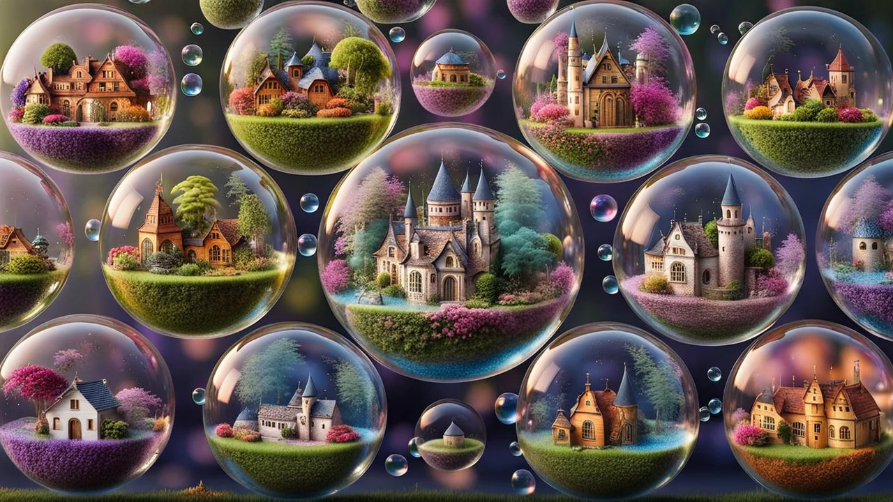 A stunning 3D render of miniature worlds, captured in floating transparent bubbles. Each bubble showcases a unique scene, such as quaint villages, mystic, gardens, tropical island, enchanting castles, alien palnet, or whimsical fairy-tale landscapes. The miniature towns with featuring quaint houses, markets, and charming residents. In the gardens colorful delicate flowers and lush greenery. The castles are majestic and grand, with towers, big gates. Unusual and captivating plants coexist with ma