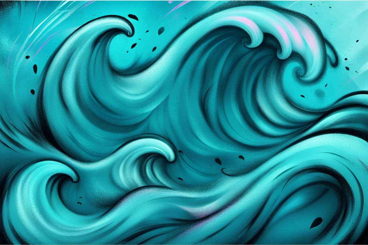 a background of surf waves with black linework, blue teal tones, surf culture, kawaii cute, soft edge. swirling in bottom right. add pink and magenta emotional graffiti over edges