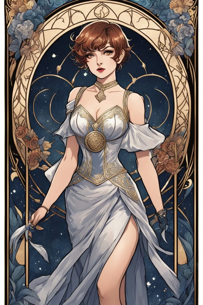 anime-like fierce Woman with short haircut in revealing dress - Tarot Card - Art Nouveau