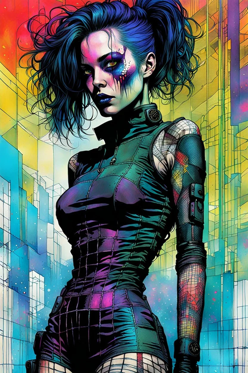 Create highly abstract portrait of an epic angry science fiction fantasy hardcore mercenary Goth cyberpunk dead girl , with finely lined and detailed facial features, in a ragged punk dress, fishnet stockings ,battered combat boots, in the style of Bill Sienkiewicz, Philippe Druillet, and Jean Giraud Moebius, precisely drawn, colored and inked