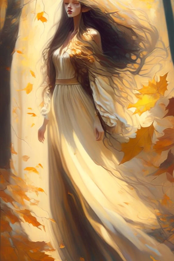 20 something model with long flowing dress and long flowing hair, realistic, surrounded by summer forest with light pastels, dreamlike haze, full body photography, surrounded by autumn leaves, warm golden lighting, dreamlike haze, Nostalgic, Intricate, Digital painting, Artstation, Smooth, Sharp focus, inspired by art of boris vallejo and julie bell, surrounded by autumn leaves, warm golden lighting, dreamlike haze, Nostalgic, Intricate, Digital painting, Artstation, Smooth, Sharp focus, inspire