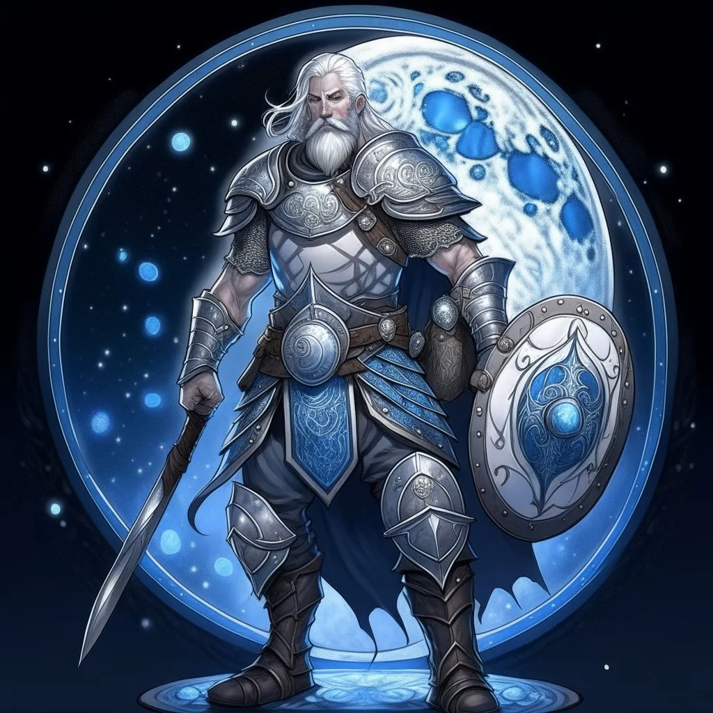 Please create an image for a 30-year old aasimar male with silver hair and a short, square beard and blue eyes. He is standing outside in the moonlight wearing plate armor and wielding a shield and a Thor-style hammer. His equipment is adorned in multiple places with crescent moons