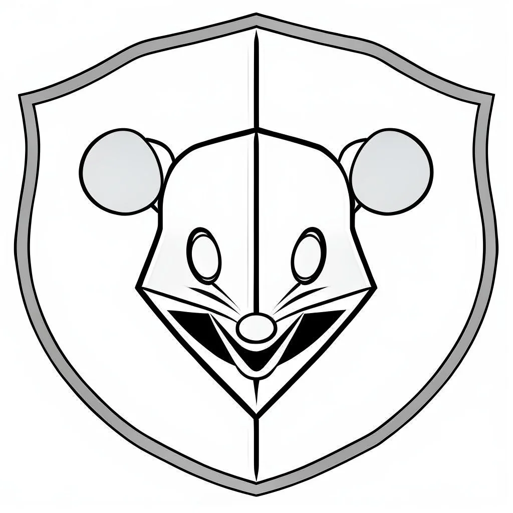simplified rat's face on front of a triangular shield shape, vector(black white and gray)