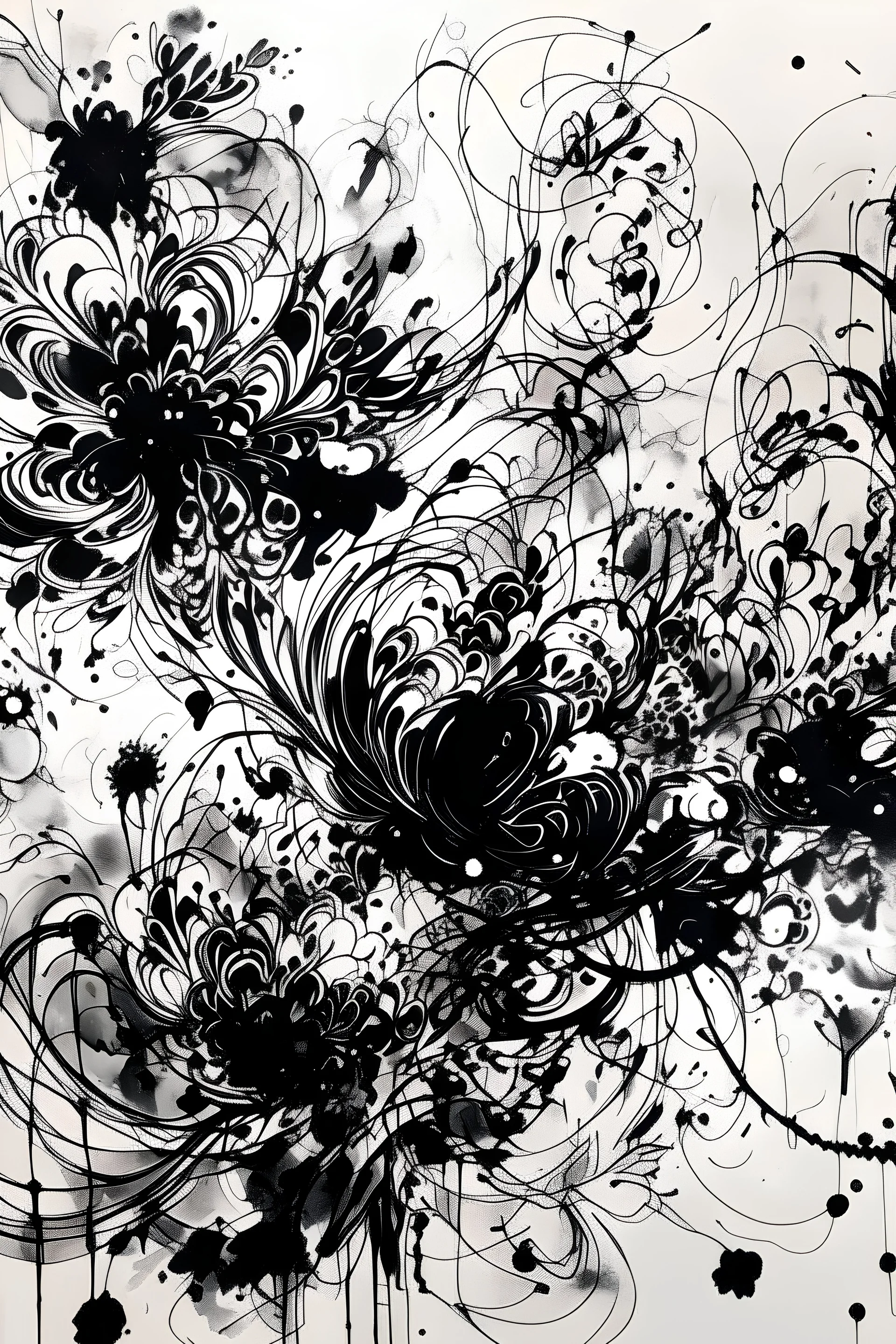 A large drawing with brushstrokes and very defined details of abstract floral design black ink on white background with paint splashes