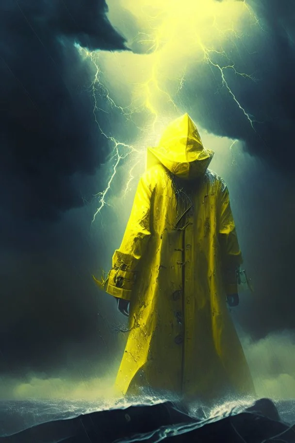 dead seafarer i yellow raincoat, storm, lightening, depth of field, fantasy art, 4k, highly detailed, sunlight through clouds