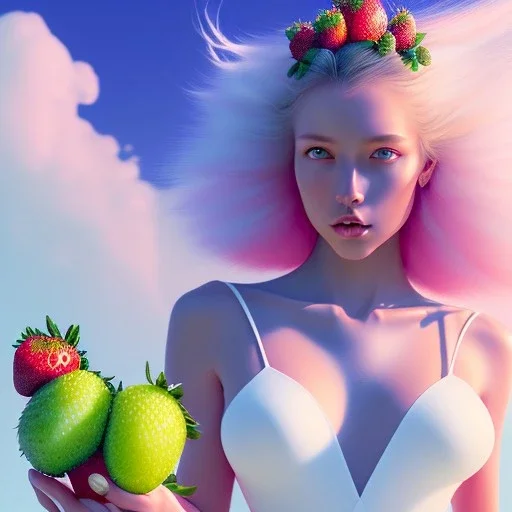 tropic landscape, white background, aerographic style,realistic painting of a beautiful girl and a big jar of marmelade,volumetric blue clouds,pink sky environment and flying strawberries in background, volumetric lighting,dramatic lighting, detailed digital painting, extreme dense and fine fur, anime, ornate, colour-washed colors, elegant, small minutiae, tiny features, particulars, centered, smooth, sharp focus, renderman gofur render, 8k, uhd, detailed eyes, real