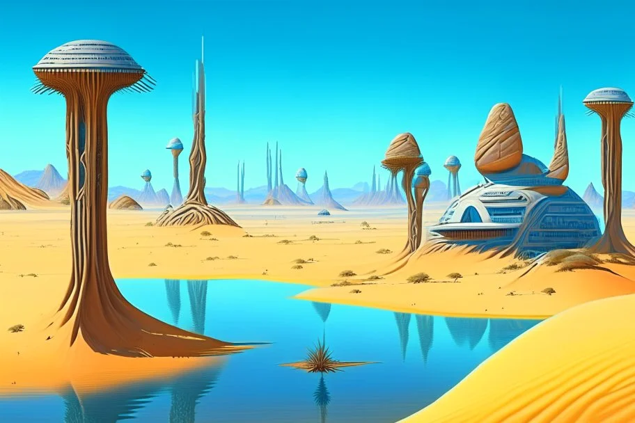 alien buildings, in the desert, surrounded by acacia trees, dunes, pathways, lake, roads, mountains, blue sky