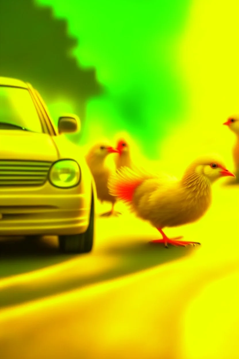 yellow young chickens in a car race, high speed, motion blur, smoke, 4k, downlight, soft light, depth of field, photorealism, trending on art station