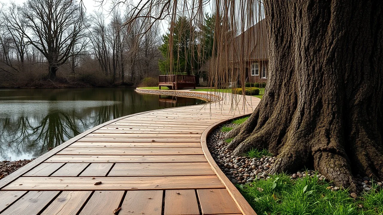 An outdoor medium shot view of a wooden walkway. The wooden planks are engraved to show the reflection of many trees with dead leaves and water in a green pond, but have some small brown and gray pebbles on the surface. A dark, dreary lake is beyond the walkway, creating an angle for the large tree trunk to the right. Many bare branches are hanging down from top to bottom of the tree. In the distance multiple sinister rays can be seen near an entrance to a house. Green grass borders the garden a