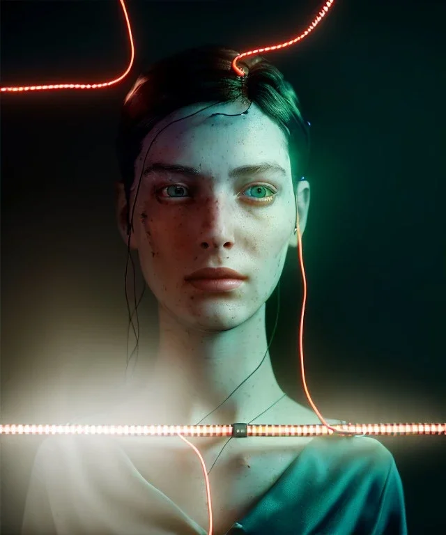 Ultra realistic photographic night portrait, cinematic, <nordic woman> <hanging wires> <retro monitor> many wires coming out of the head <perfect pupil> <cyborg arm> <garage> <wide angle Shot> <sci-fi futuristic> <thriller>, neon lights, color fog, soft color, highly detailed, unreal engine 5, ray tracing, RTX, lumen lighting, ultra detail, volumetric lighting, high definition.