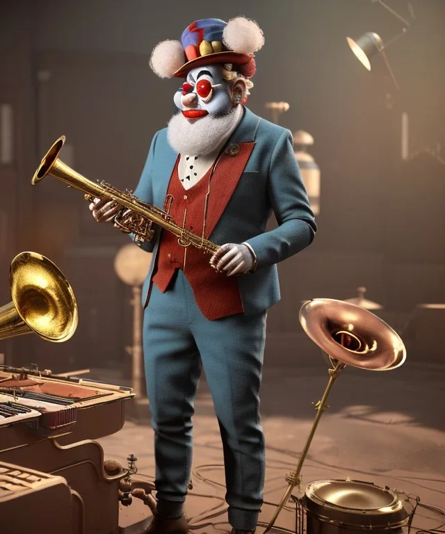 mechanoid old friendly fat clown with trimmed beard playing jazz with a steampunk theme, trumpet, realistic