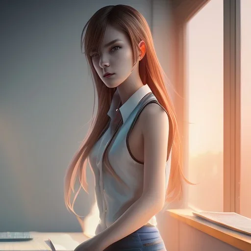 female student studying by the window, anime style,perfect face, cool face, ultra detail, unreal engine 5, cinema4d, sun light, studio lighting --ar 1:1 --v 4