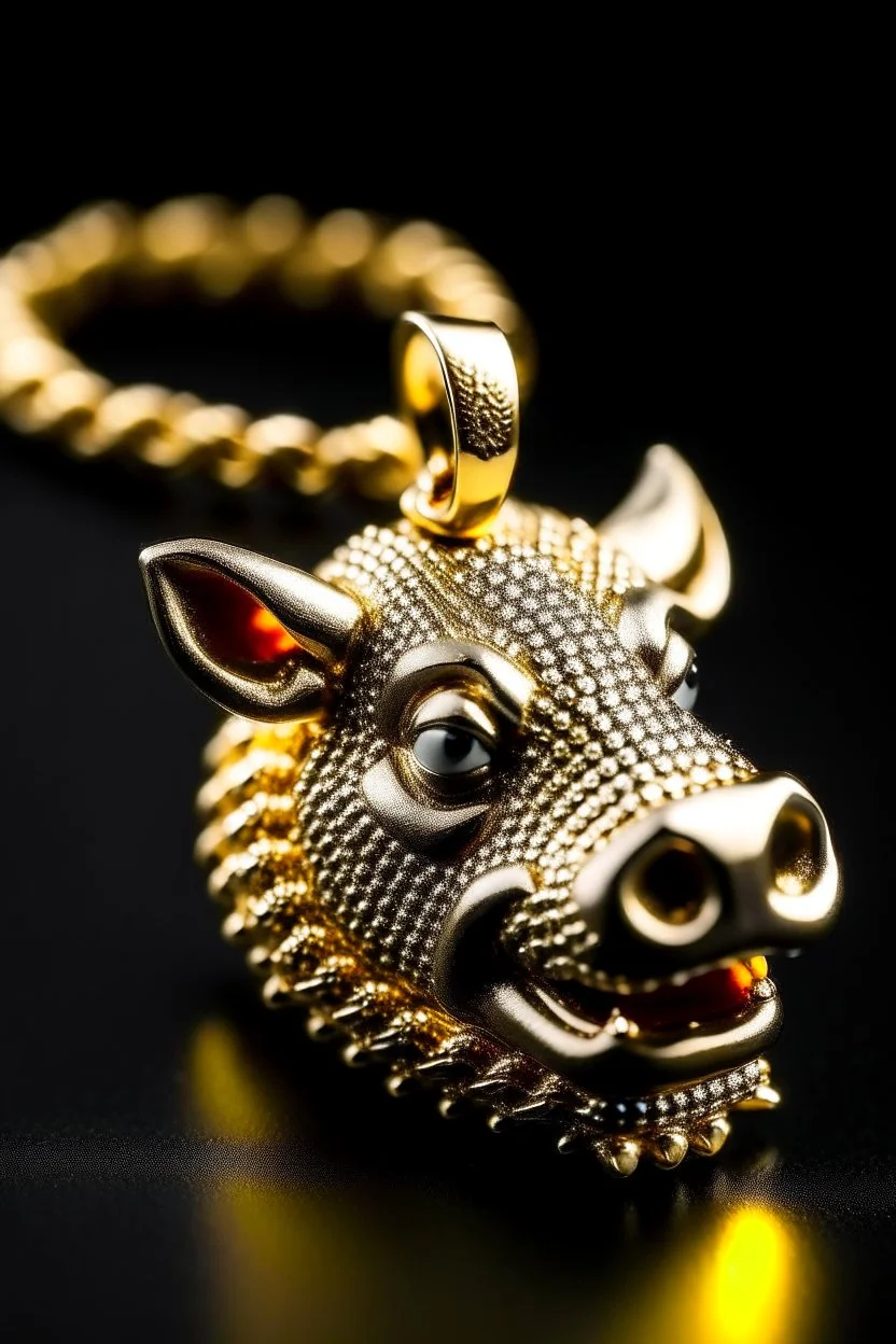 A gold chain with an iced out pumbaa pendant