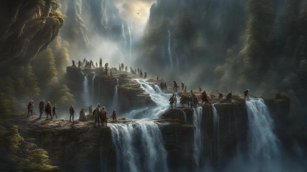 rotting zombies falling from the top of a 3.000 feet high waterfall. fantasy setting, horror. exquisite realism, a masterpiece, fantasy concept art, dynamic lighting, hyperdetailed, intricately detailed, deep color, Unreal Engine, volumetric lighting, Epic cinematic brilliant stunning intricate meticulously detailed dramatic atmospheric maximalist digital matte painting