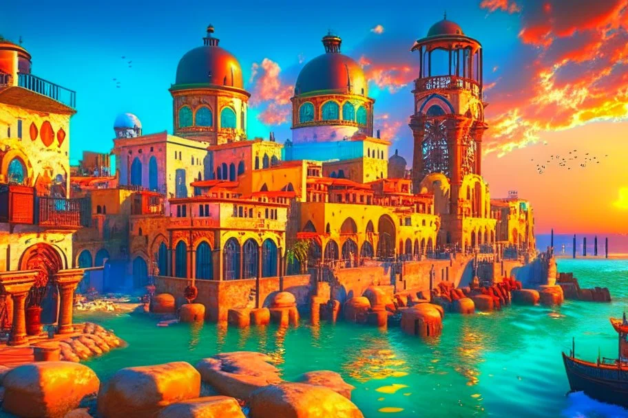 image taken of jaffa, by the sea shore, old stunning buildings, 4k, masterpice, award wining picture, in style of city of numemor from lord of the rigs