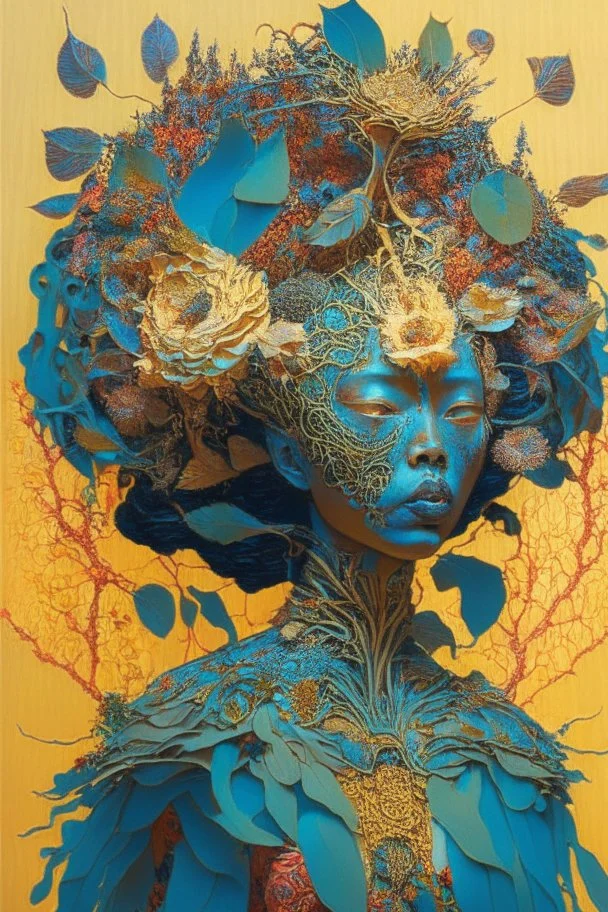 Surreal picture entitled "queen of the damned"; Ethereal woman wearing excruciatingly beautiful quilling made of objects from nature with flowering plants growing from the top her head", hyper-detailed, constructivist, stunning, dynamic, Victo Ngai, Michelangelo, Dali