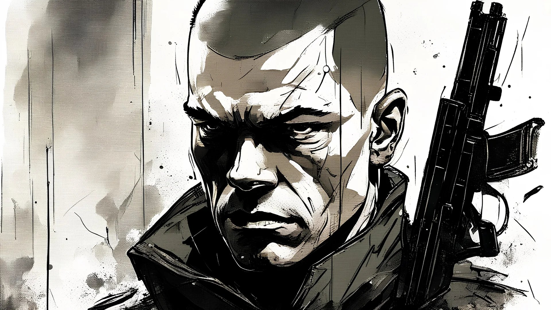 Angry Bald military man with a scar on his face, gun in hand, brick basement, post-apocalypse, white and black colors, Raymond Swanland & Alyssa Monks & Anna Razumovskaya & Benedick Bana