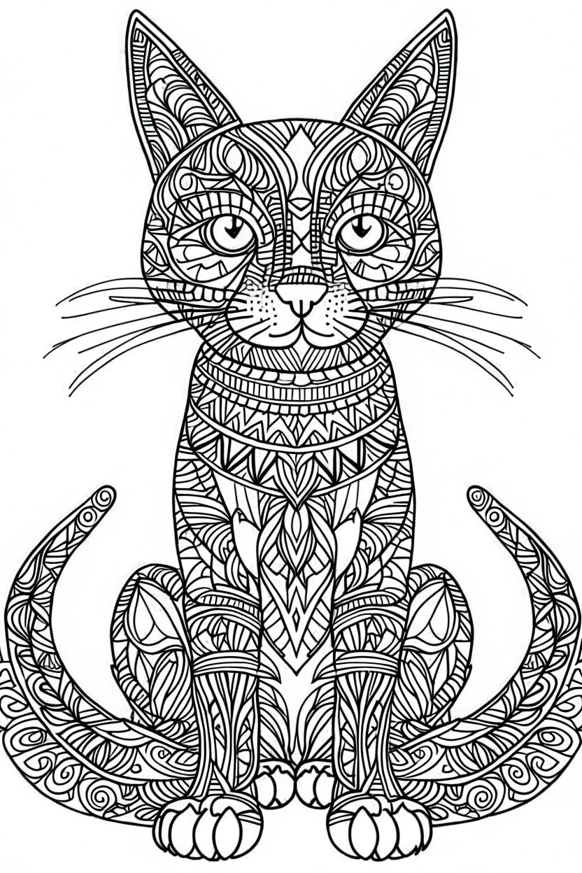 A simple minimalist coloring book mandala page drawing with thick black lines on a white background with no part of the image reaching to the edges of the page. Full length body of a kitten with no tail of the cat breed BORNEO BAY CAT. No shading. No gray. No shadows. No color. This coloring book page would appeal to children aged sixteen through adults and have clean lines for a design that is easy to color. Style raw. Aspect ratio 9:11