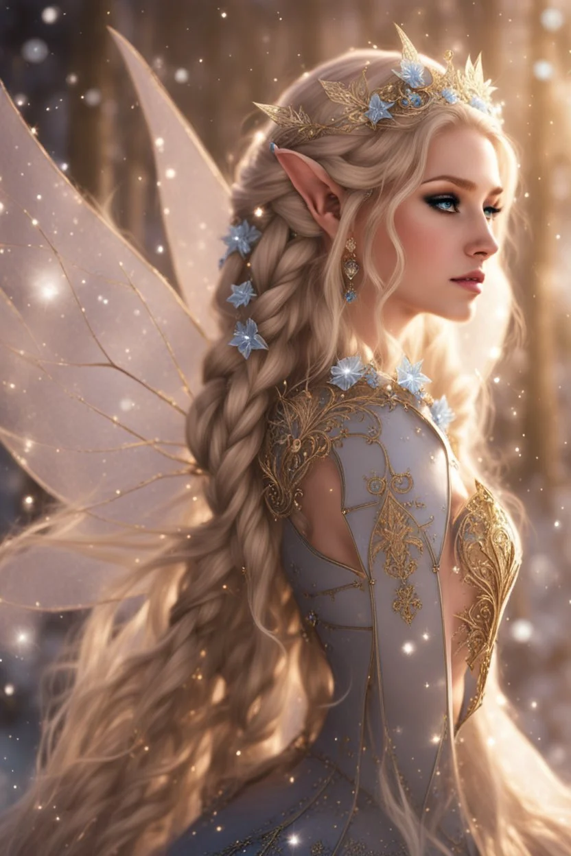 Elven princess,elven crown,long white blonde golden hair,rapunzel hair,ice flowers,beautiful,light blue,dark blue,golden armor,sparkle,glitter,ice flowers,snow,elven ears,dark fairy princess