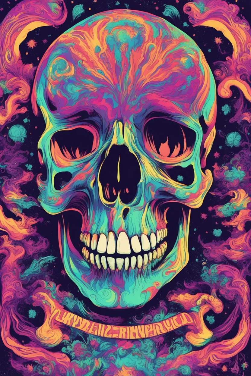 psychedelic concert poster styled human skull illustration