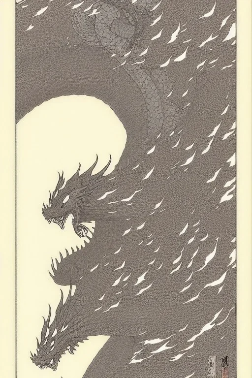 As monochrome image of a dragon, by kawase hasui, moebius