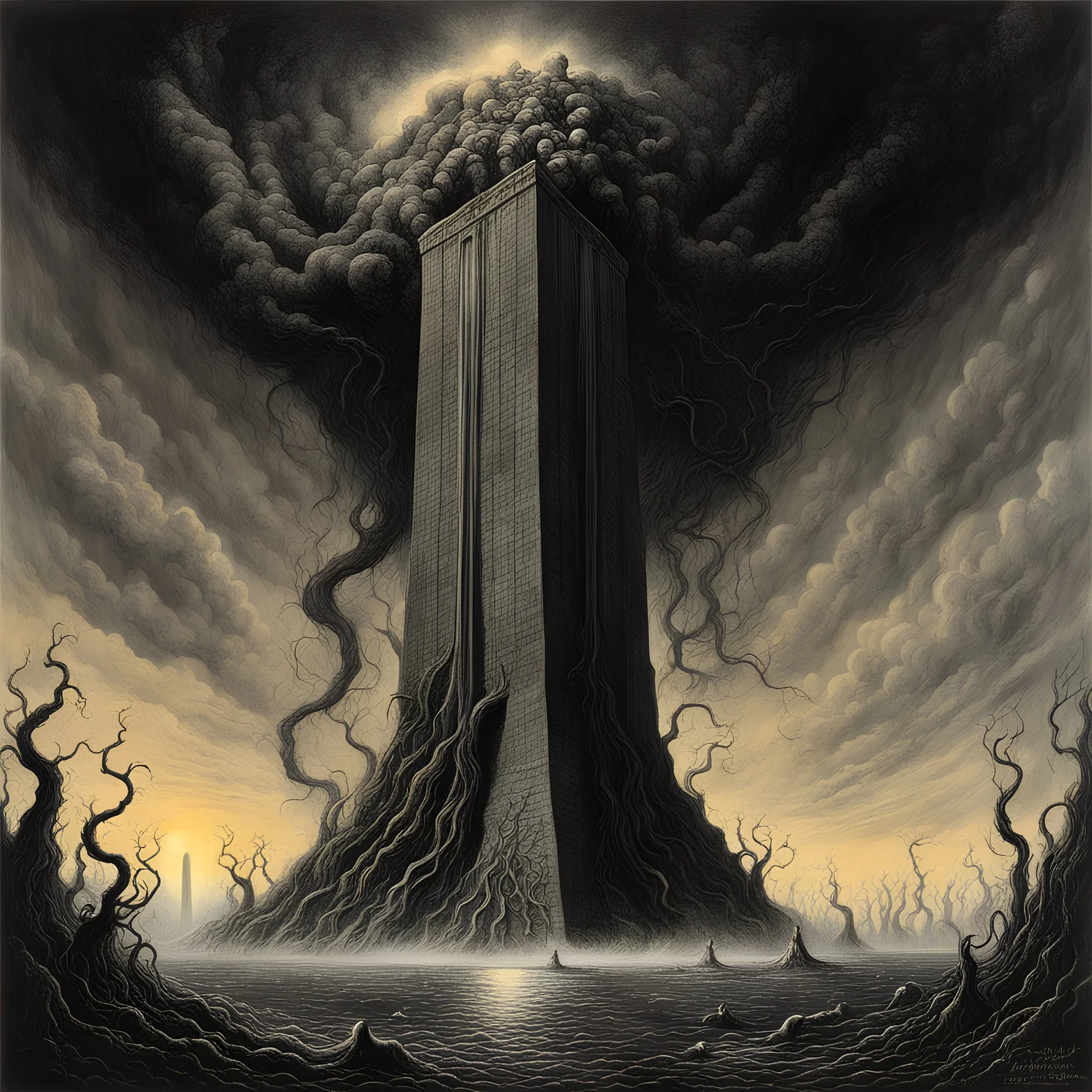 by Michael Whelan and Zdzislaw Beksinski and Stephen Gammell, lovecraftian eruption in Washington DC, lovecraftian entity curls around the Washington monument towering even higher than the monolith, nightmarish images pour out of its mouth blanketing the sky with a miasma of bad dreams, fantastical digital art, dramatic, Eldritch, hyperdetailed, dark colors.