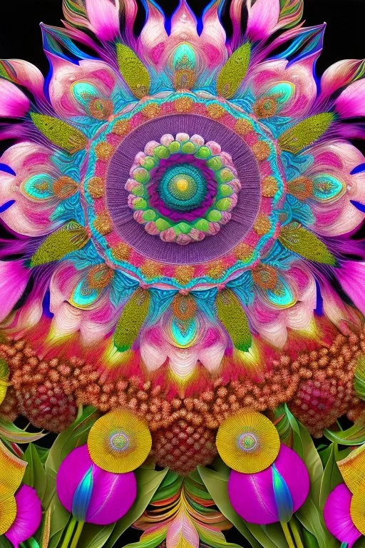 psychedelic mandala made out of flowers, feathers, ultra detailed, photorealistic, vivid colours, intricate details, in the style of Elspeth McLean, 8k