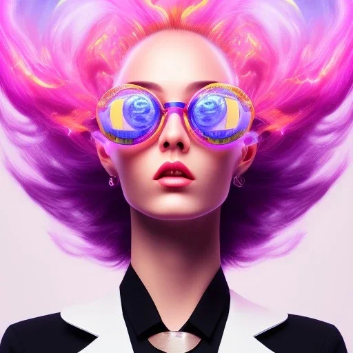 a award winning action upper body portrait of a beautiful woman with glasses and ombre purple pink hairstyle with head in motion and hair flying, choker, outrun, vaporware, vivid colors, highly detailed, fine detail, intricate