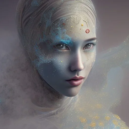 clouds of fog as woman's shinny face, dissolving, disintegrating, wearing blue hijab, fine detail, highly intricate, wearing blue hijab, modern surrealism painting, high-quality, volumetric lighting, 8k, ultrahd, George Grie, Marco Escobedo, Igor Morski,Brian Froud, Howard Lyon, Selina French,