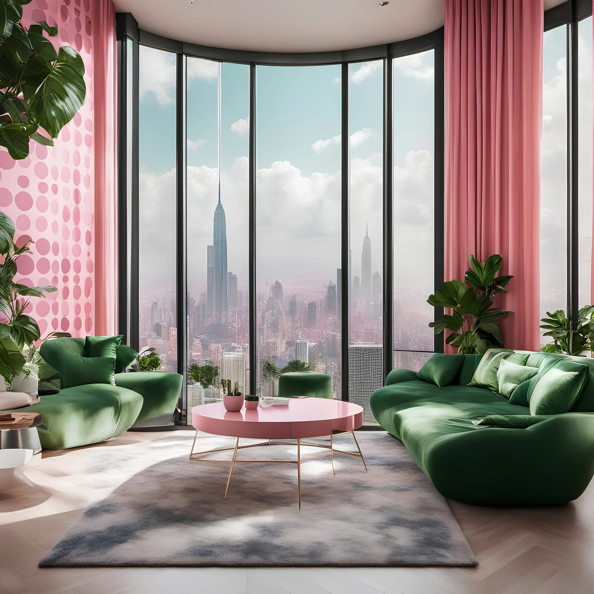 photo of a skyscraper penthouse apartment, baroque wallpaper, big windows, view of the city, modern pink and green interior, above the clouds, polka dot, fiddle leaf, framed artworks --ar 1:1