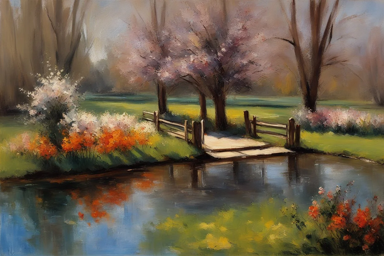 amazing sunny spring day, trees, flowers, fence, little pond, lesser ury impressionism painting